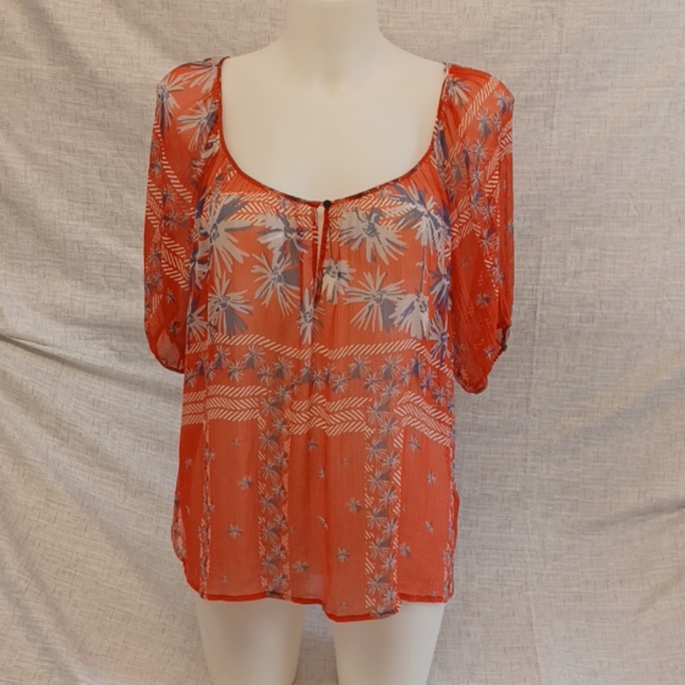 Joie Sheer Peasant Top Floral Orange & Blue Flowy Blouse Womens Sz L